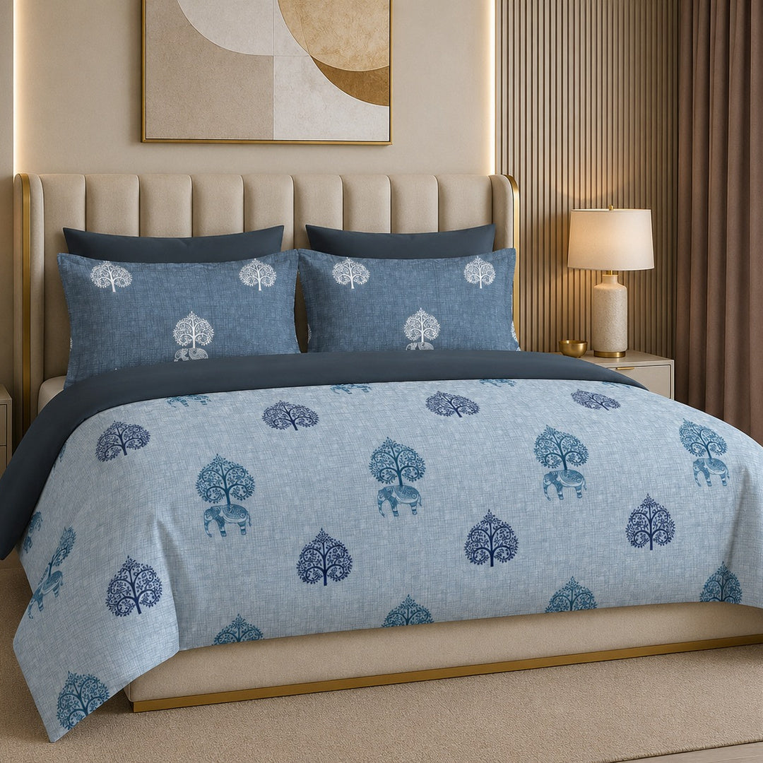 Tana Bana Premium Denim Blue & Ice Blue Tree Printed Pure Cotton King Size Bedsheet Set