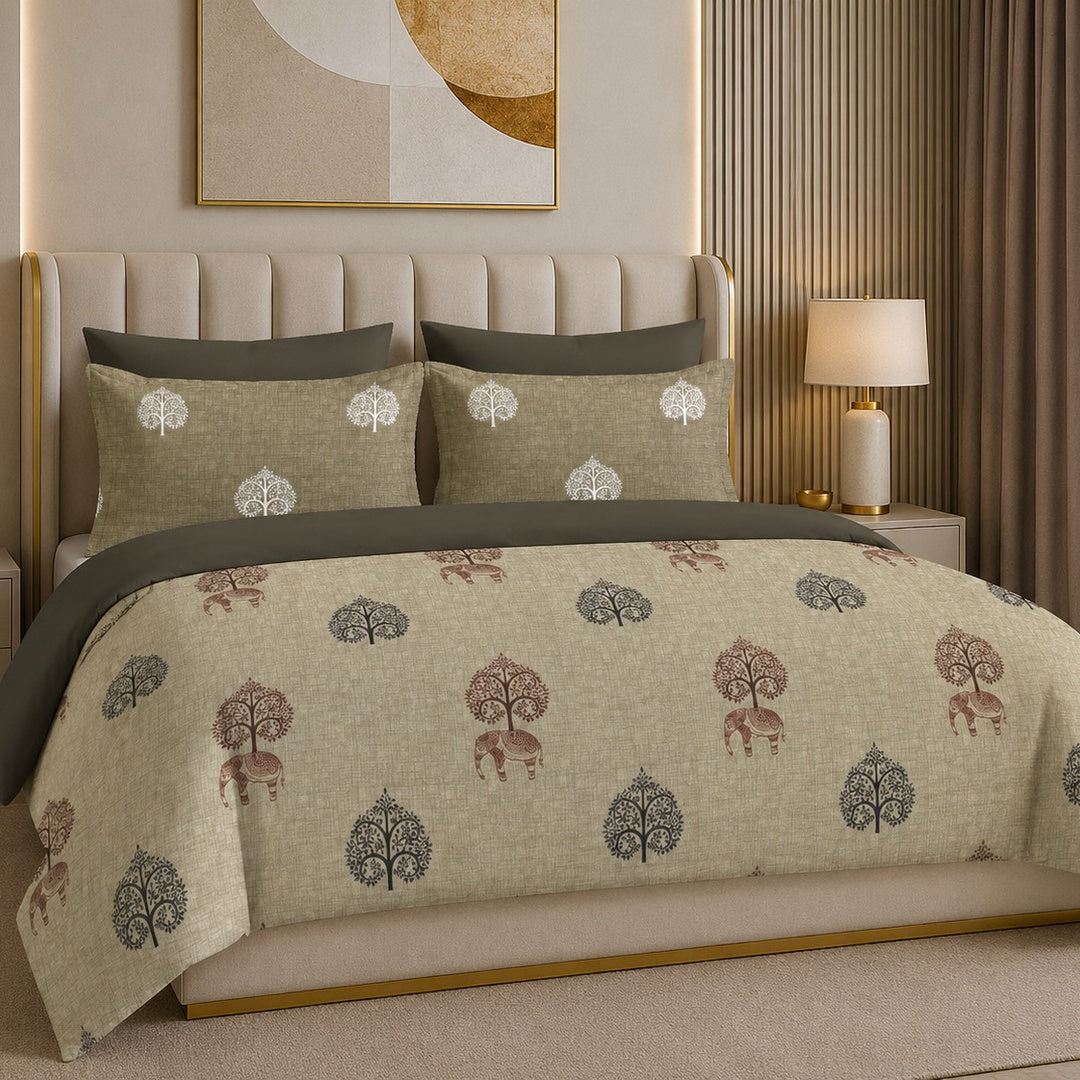 Tana Bana Premium Olive Green & Beige Tree & Elephant Printed Pure Cotton King Size Bedsheet Set