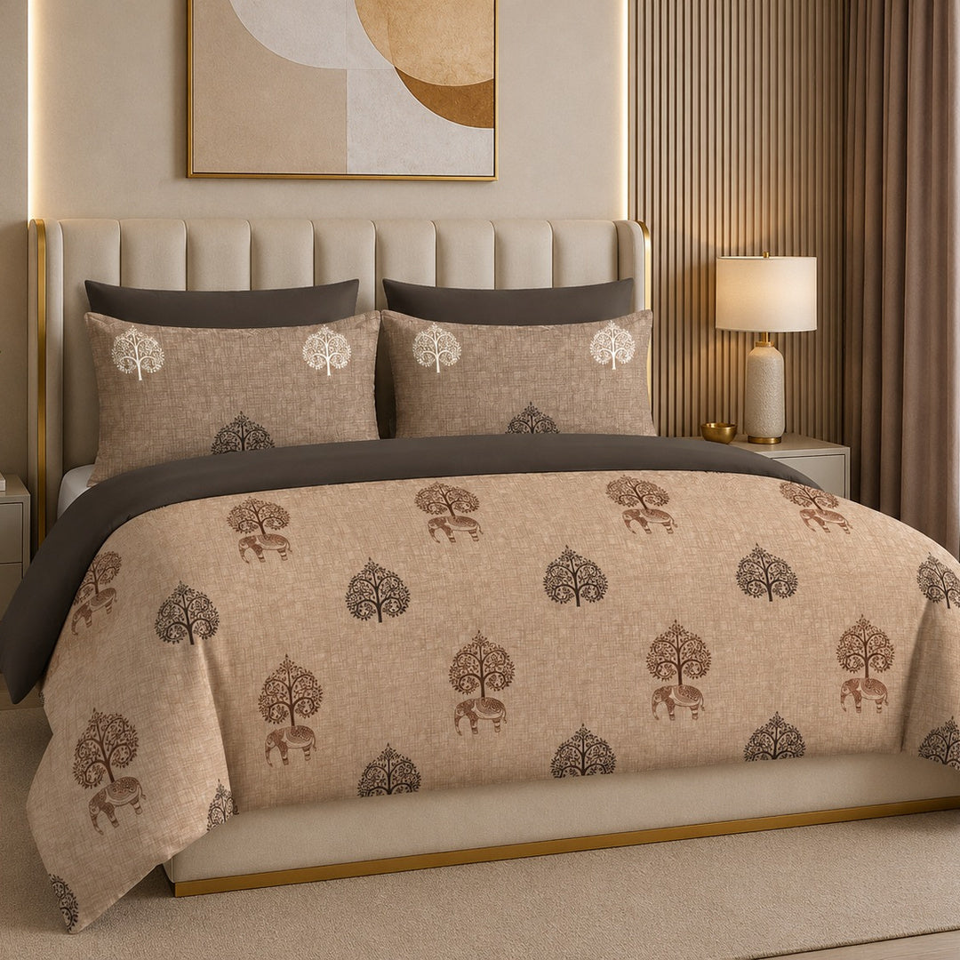 Tana Bana Premium Beige & Brown Tree & Elephant Printed Pure Cotton King Size Bedsheet Set