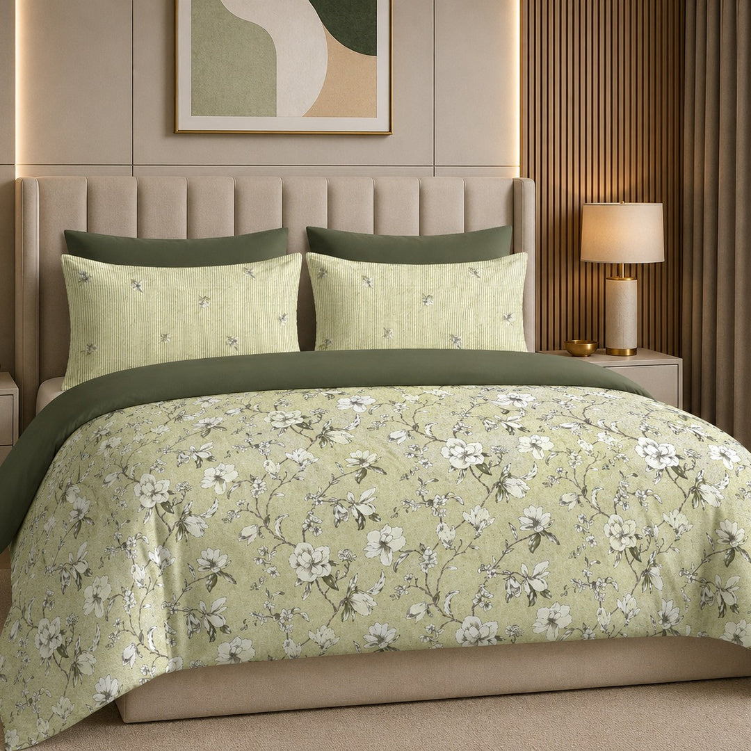 Tana Bana Premium Sage Green & Olive Floral Printed Pure Cotton King Size Bedsheet Set