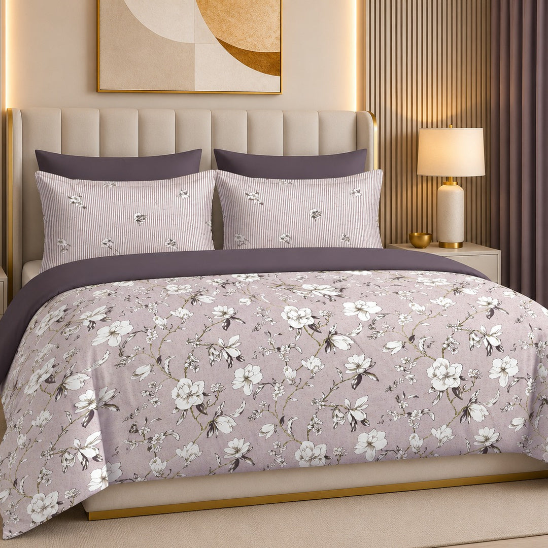 Tana Bana Premium Dusty Rose & Ivory Floral Printed Pure Cotton King Size Bedsheet Set