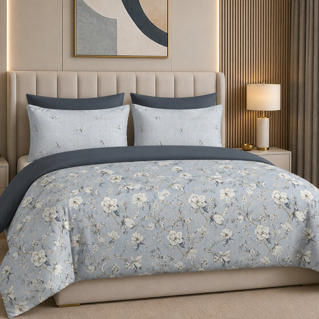 Tana Bana Premium Powder Blue & Ivory Floral Printed Pure Cotton King Size Bedsheet Set
