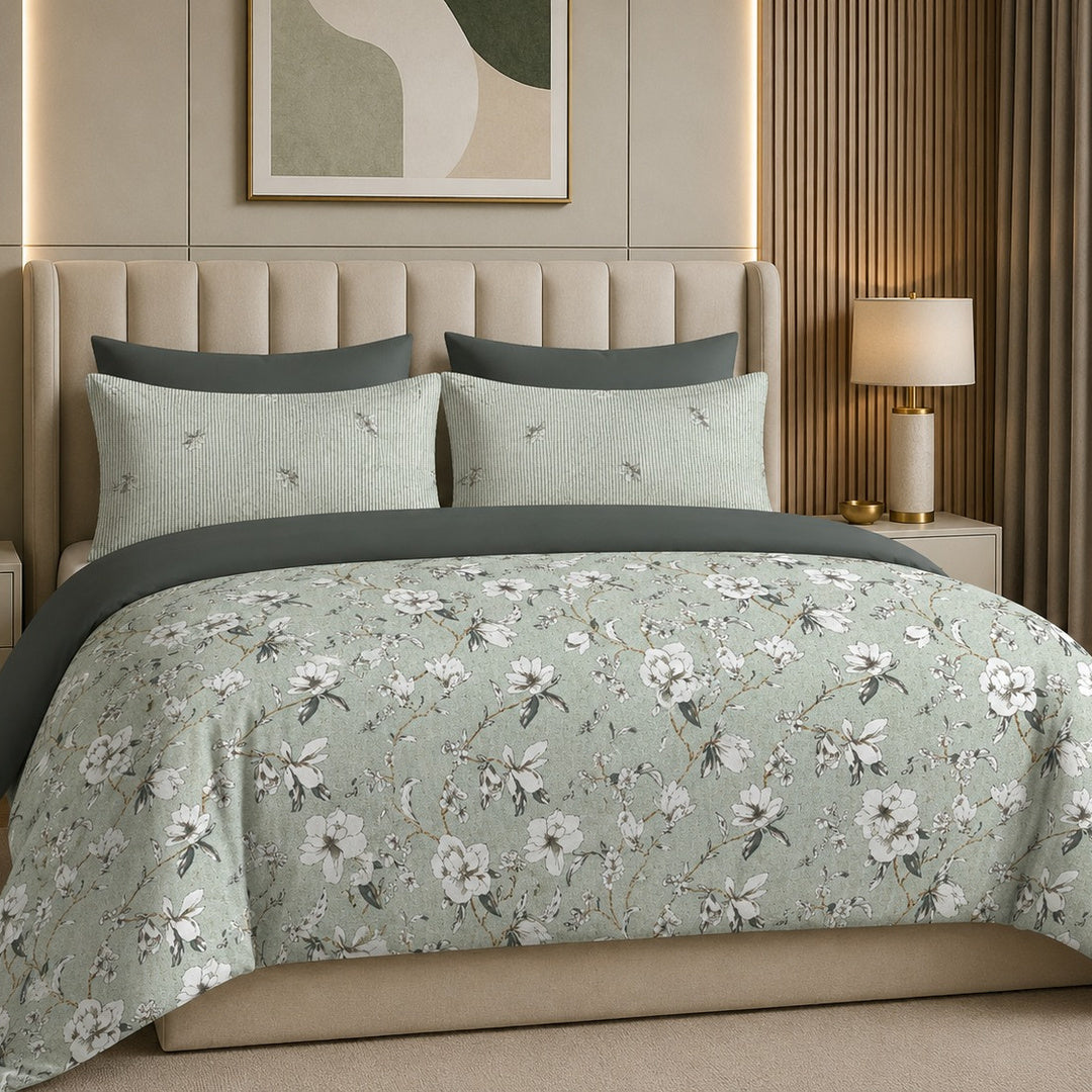 Tana Bana Premium Sage Green & Ivory Floral Printed Pure Cotton King Size Bedsheet Set