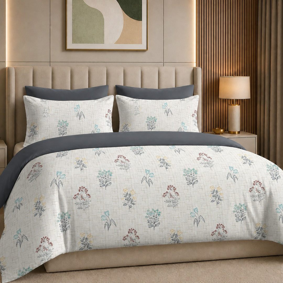 Tana Bana Premium Ivory & Multicolor Floral Printed Pure Cotton King Size Bedsheet Set