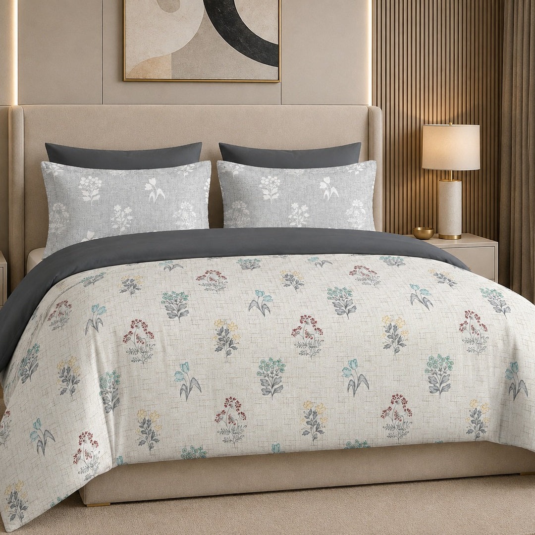 Tana Bana Premium Ivory & Multicolor Floral Botanical Printed Pure Cotton King Size Bedsheet Set