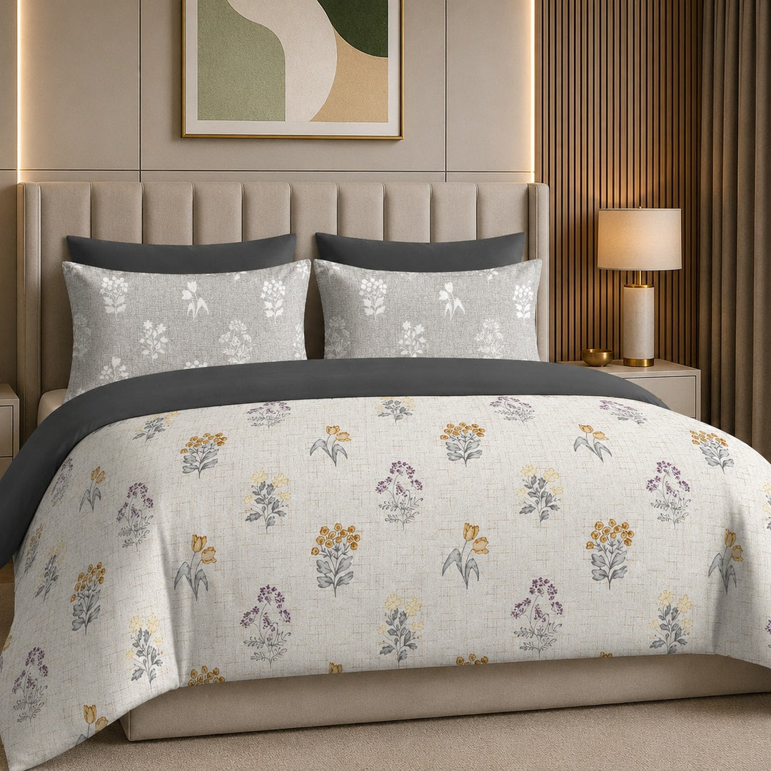 Tana Bana Premium Ivory & Multicolor Floral Botanical Printed Pure Cotton King Size Bedsheet Set