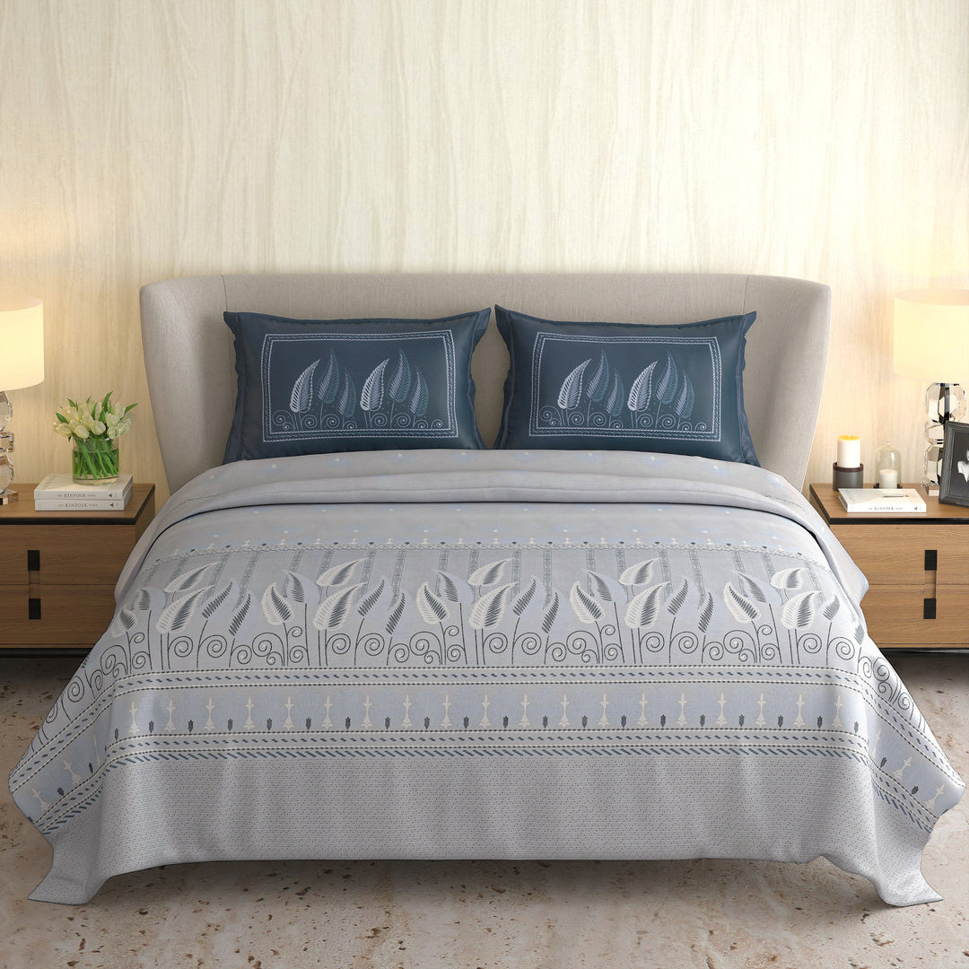 Signature Premium Slate Blue & Ivory Leaf Printed Pure Cotton King Size Bedsheet Set