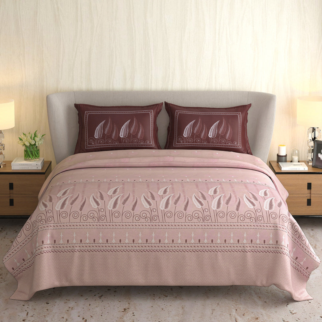 Signature Premium Dusty Rose & Burgundy Leaf Printed Pure Cotton King Size Bedsheet Set