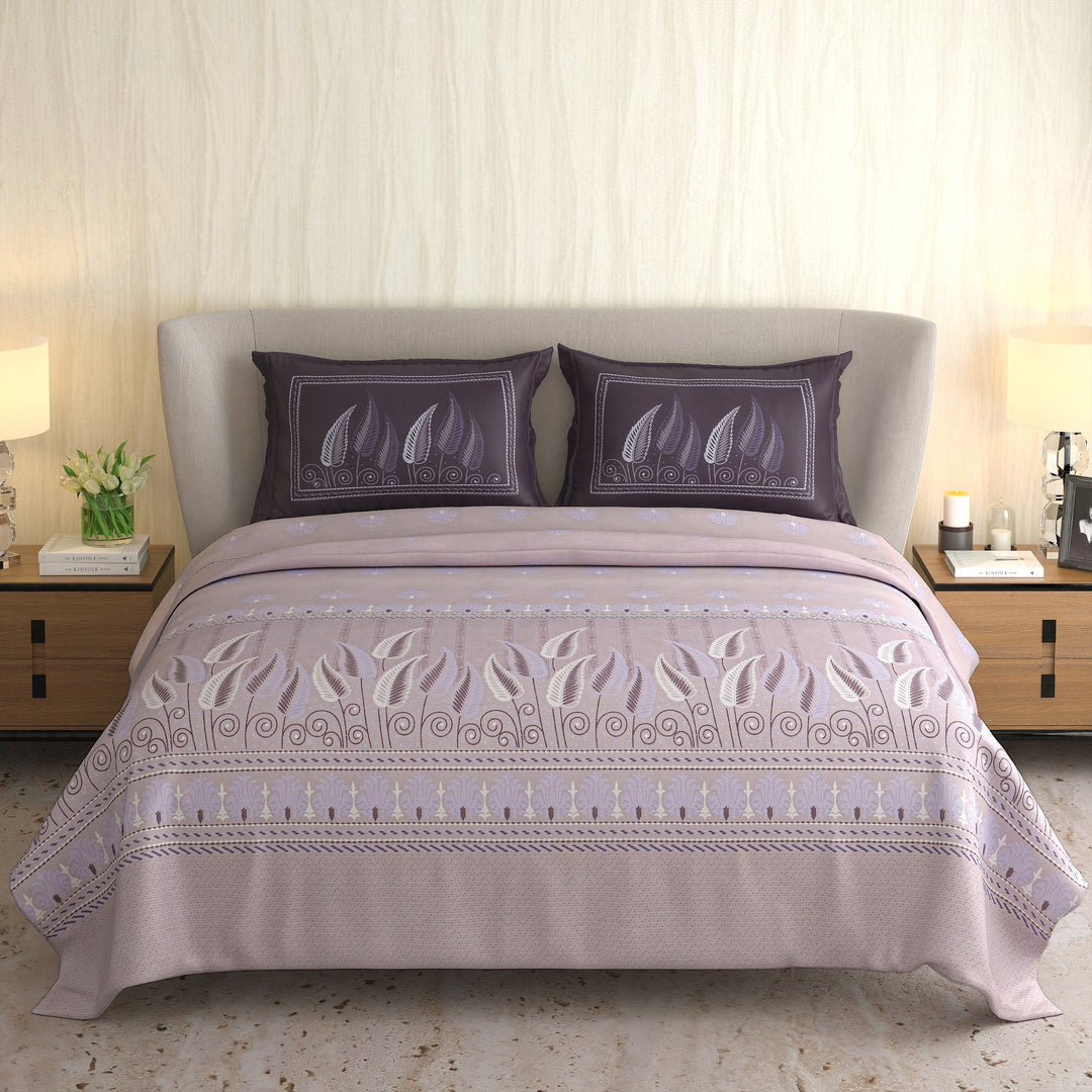 Signature Premium Dusty Rose & Deep Plum Leaf Printed Pure Cotton King Size Bedsheet Set
