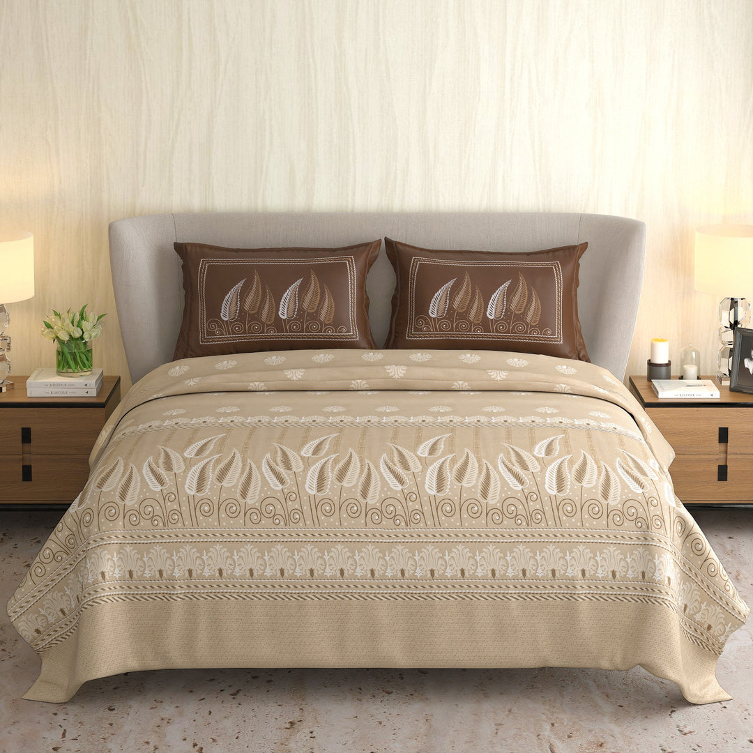 Signature Premium Beige & Chocolate Brown Leaf Printed Pure Cotton King Size Bedsheet Set
