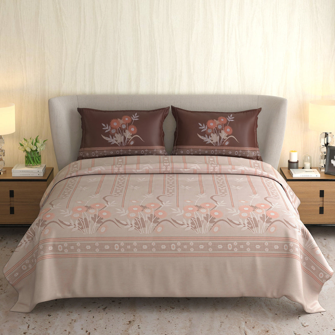 Signature Premium Dusty Rose & Mocha Floral Printed Pure Cotton King Size Bedsheet Set