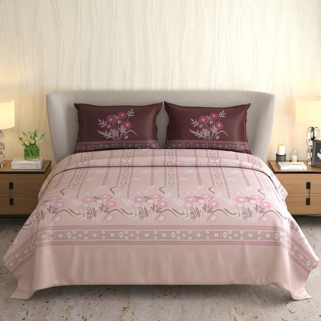 Signature Premium Dusty Rose & Burgundy Floral Printed Pure Cotton King Size Bedsheet Set