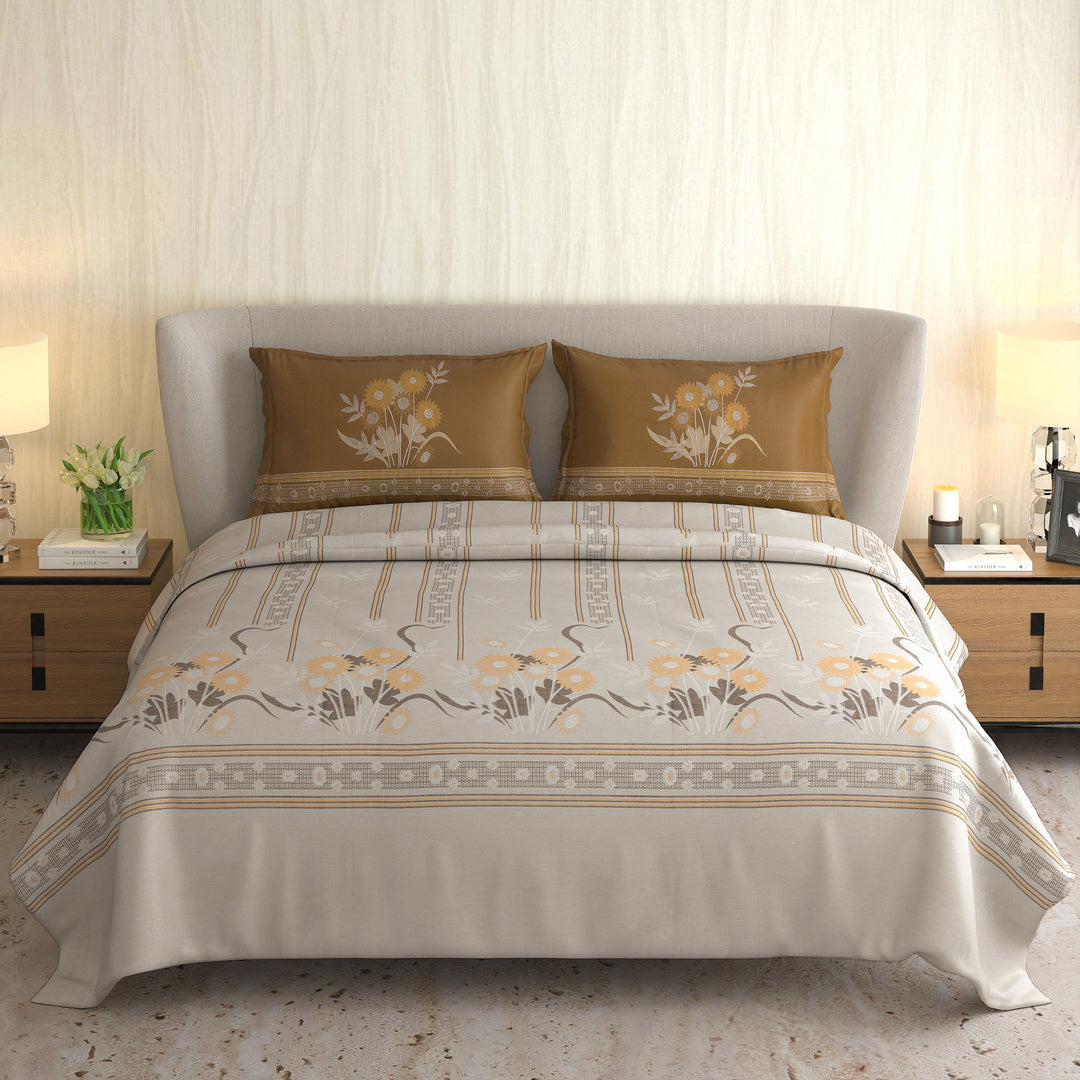 Signature Premium Mustard Yellow & Ivory Floral Printed Pure Cotton King Size Bedsheet Set