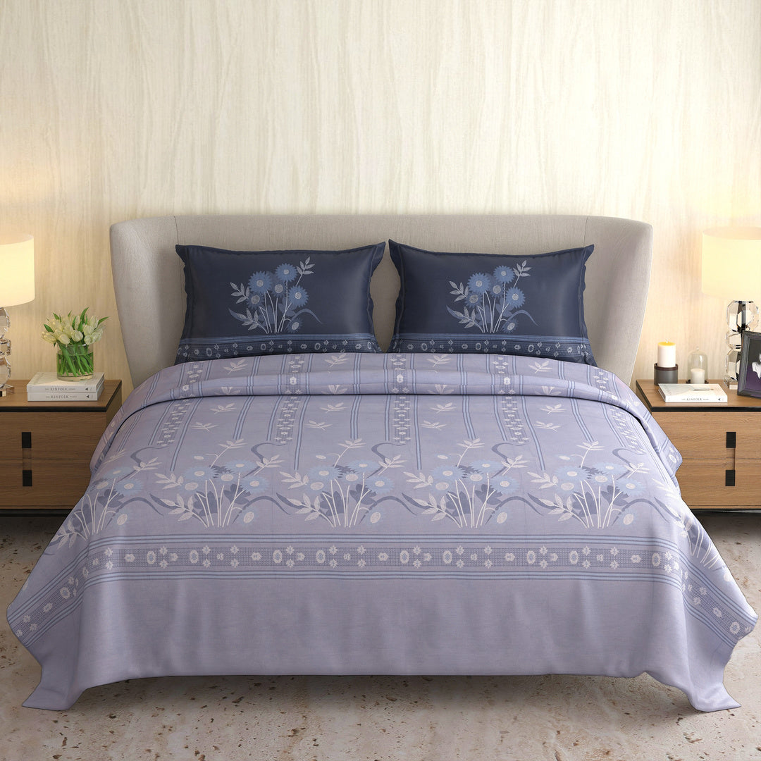 Signature Premium Slate Blue & Lavender Floral Printed Pure Cotton King Size Bedsheet Set