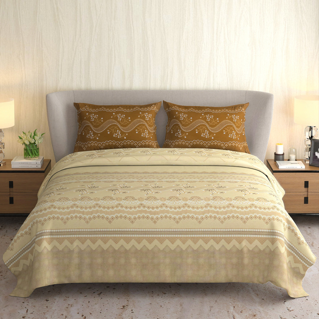 Signature Premium Mustard & Ivory Traditional Printed Pure Cotton King Size Bedsheet Set