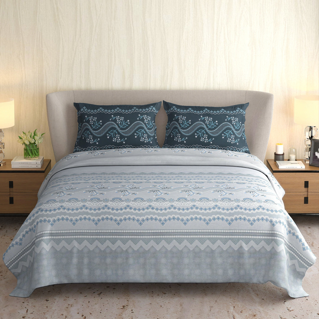 Signature Premium Powder Blue & Navy Traditional Printed Pure Cotton King Size Bedsheet Set