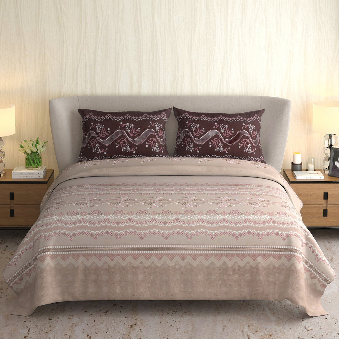 Signature Premium Taupe & Burgundy Traditional Printed Pure Cotton King Size Bedsheet Set