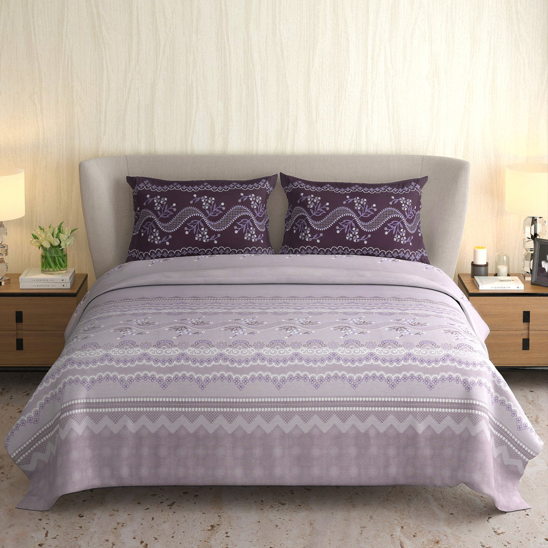 Signature Premium Lavender & Deep Plum Traditional Printed Pure Cotton King Size Bedsheet Set