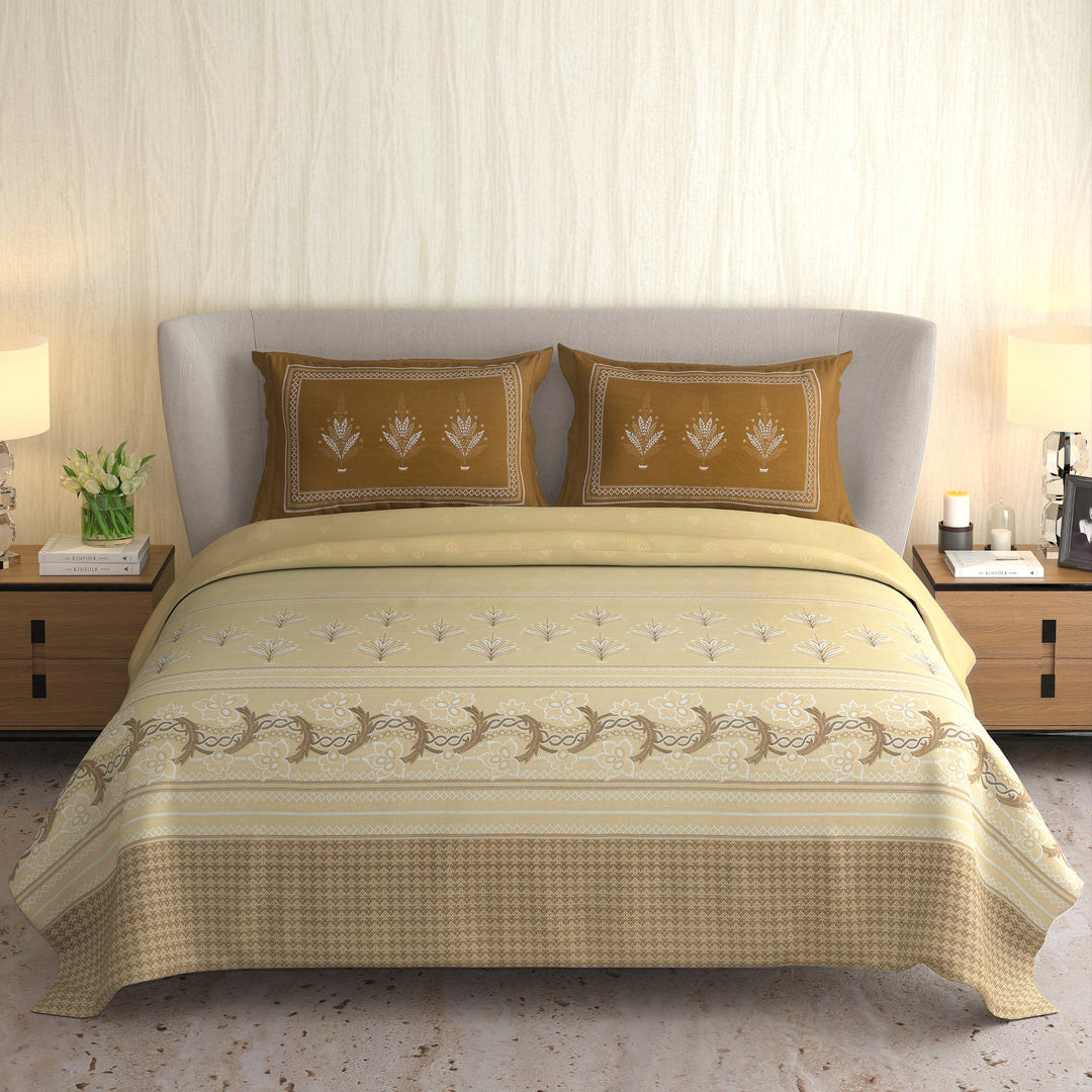 Signature Premium Mustard & Beige Floral Printed Pure Cotton King Size Bedsheet Set