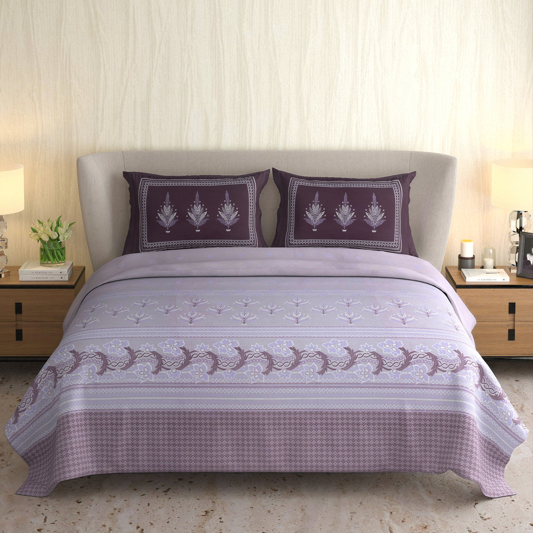 Signature Premium Lavender & Deep Plum Floral Printed Pure Cotton King Size Bedsheet Set