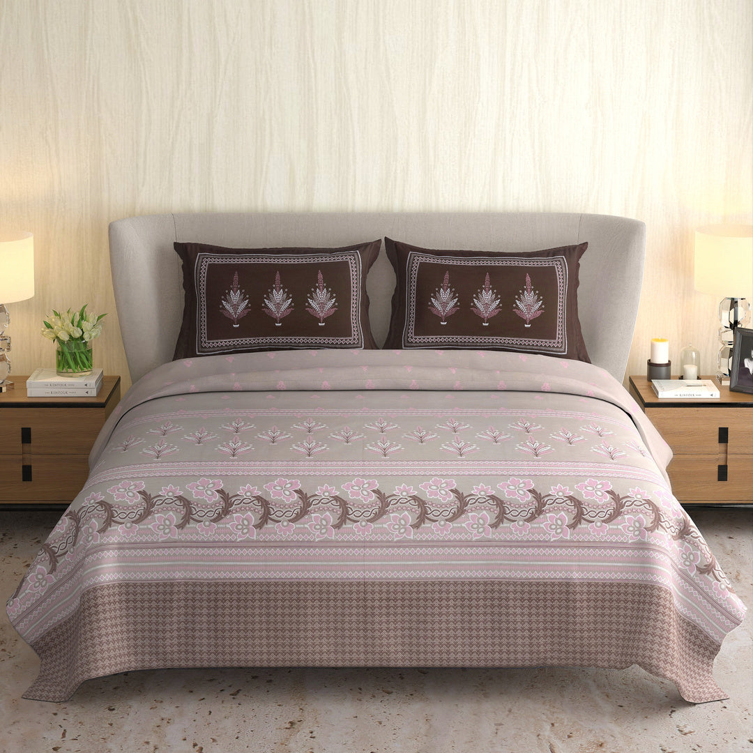 Signature Premium Dusty Rose & Chocolate Brown Floral Printed Pure Cotton King Size Bedsheet Set