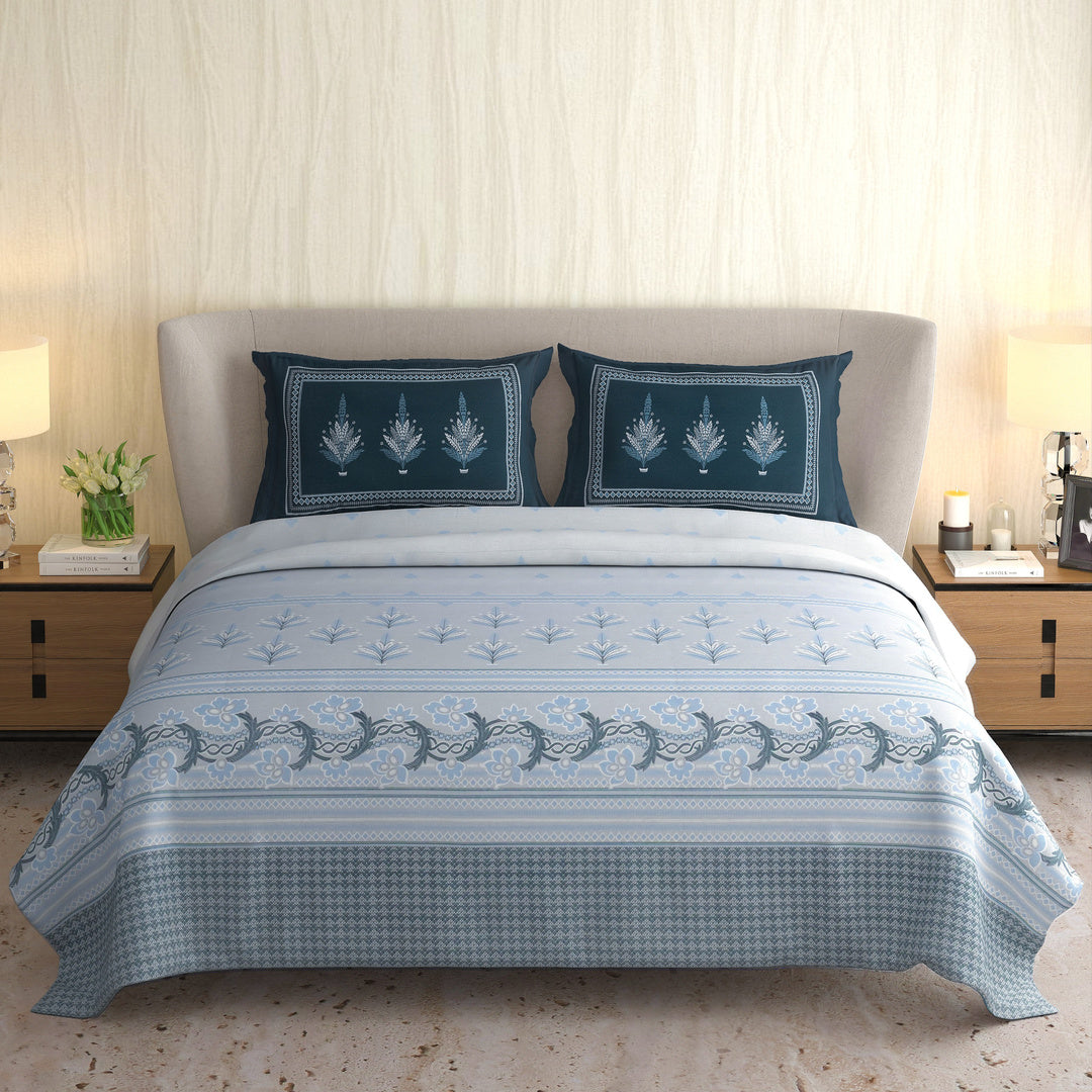 Signature Premium Powder Blue & Navy Floral Printed Pure Cotton King Size Bedsheet Set