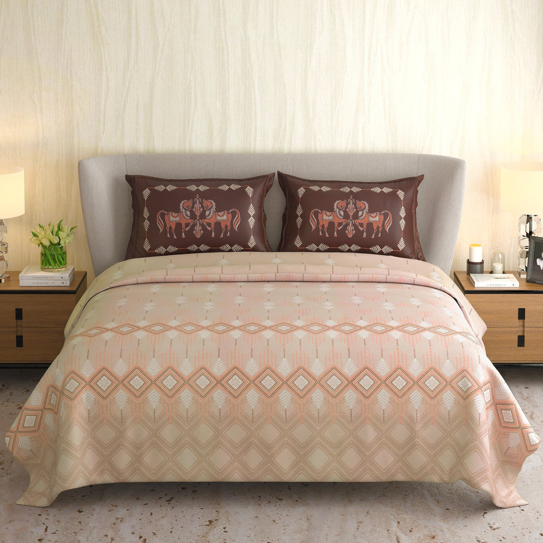 Signature Premium Peach & Chocolate Brown Elephant Printed Pure Cotton King Size Bedsheet Set