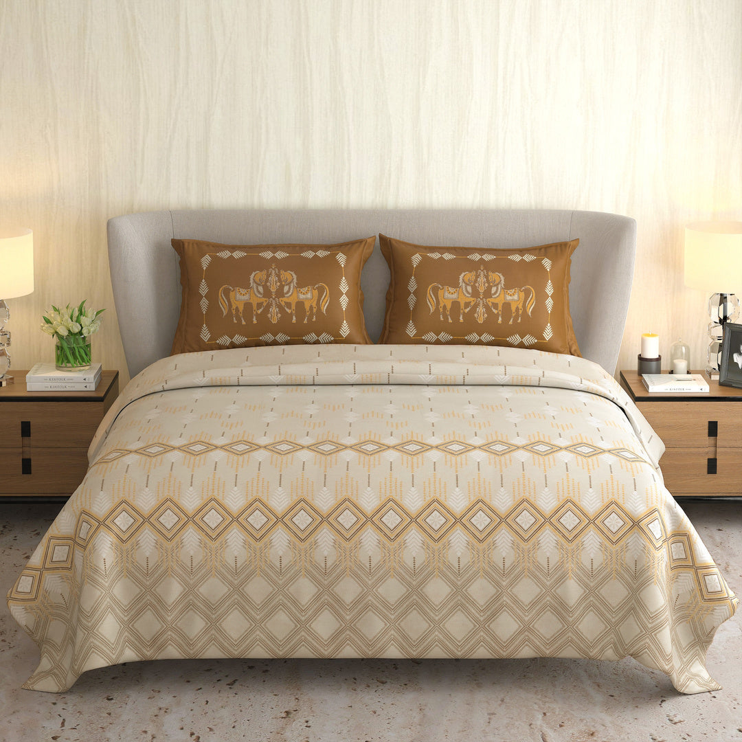 Signature Premium Ivory & Mustard Gold Elephant Printed Pure Cotton King Size Bedsheet Set