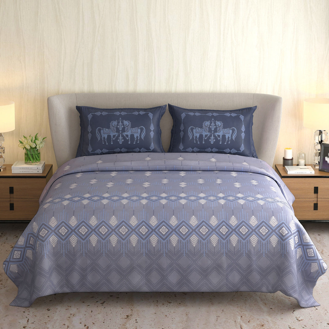 Signature Premium Powder Blue & Navy Elephant Printed Pure Cotton King Size Bedsheet Set