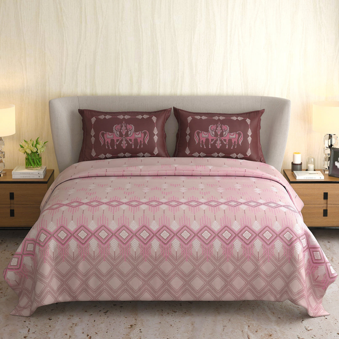 Signature Premium Blush Pink & Burgundy Elephant Printed Pure Cotton King Size Bedsheet Set