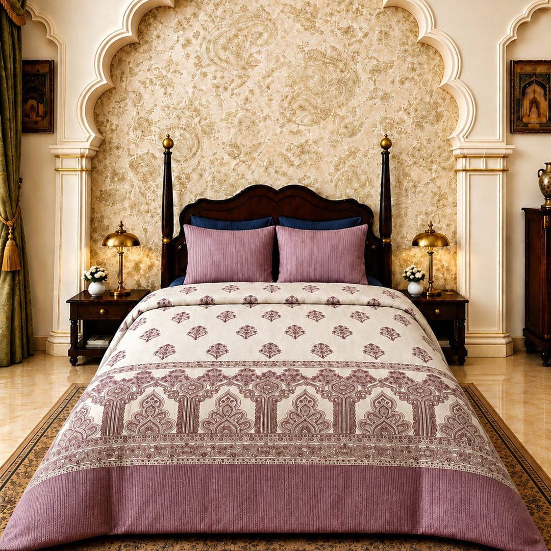 Artistry of India Premium Mauve & White Printed Pure Cotton King Size Bedsheet Set