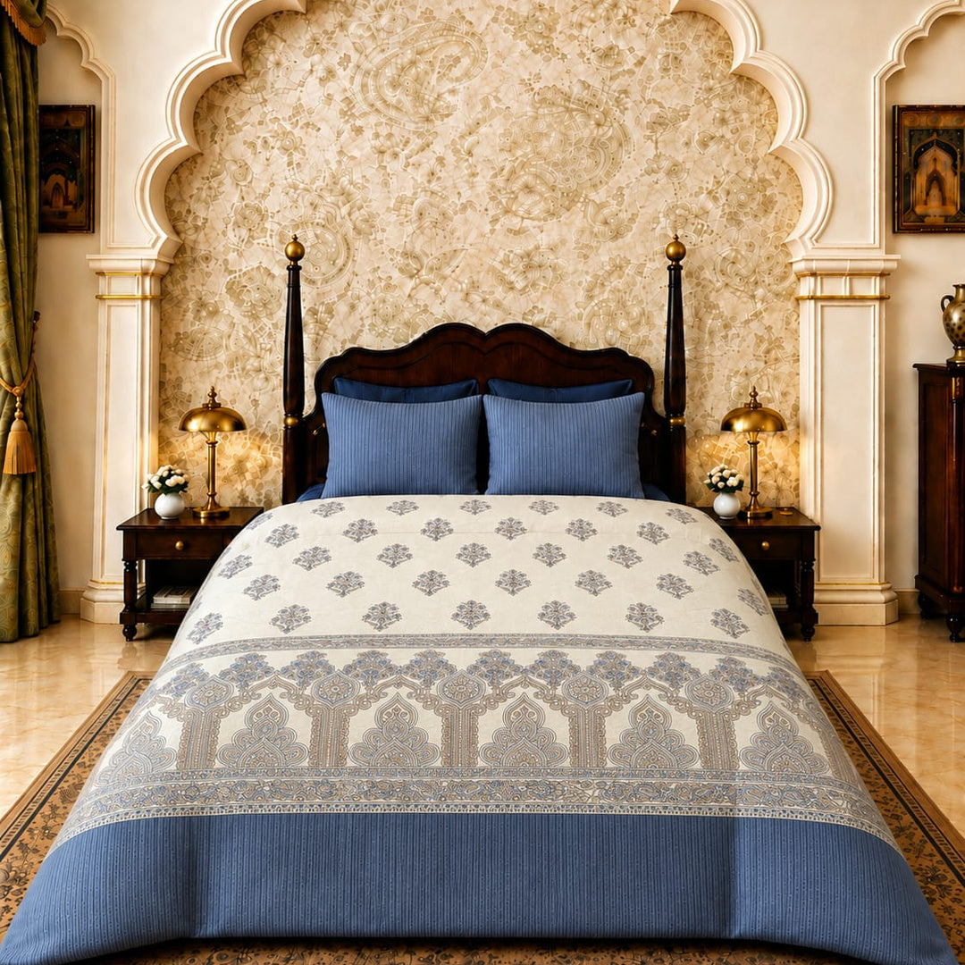 Artistry of India Premium Blue & White Printed Pure Cotton King Size Bedsheet Set