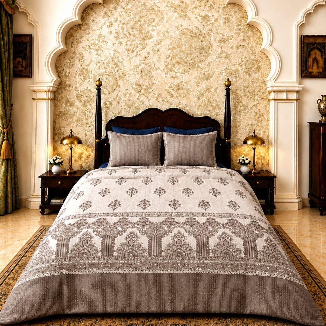 Artistry of India Premium Taupe & White Printed Pure Cotton King Size Bedsheet Set