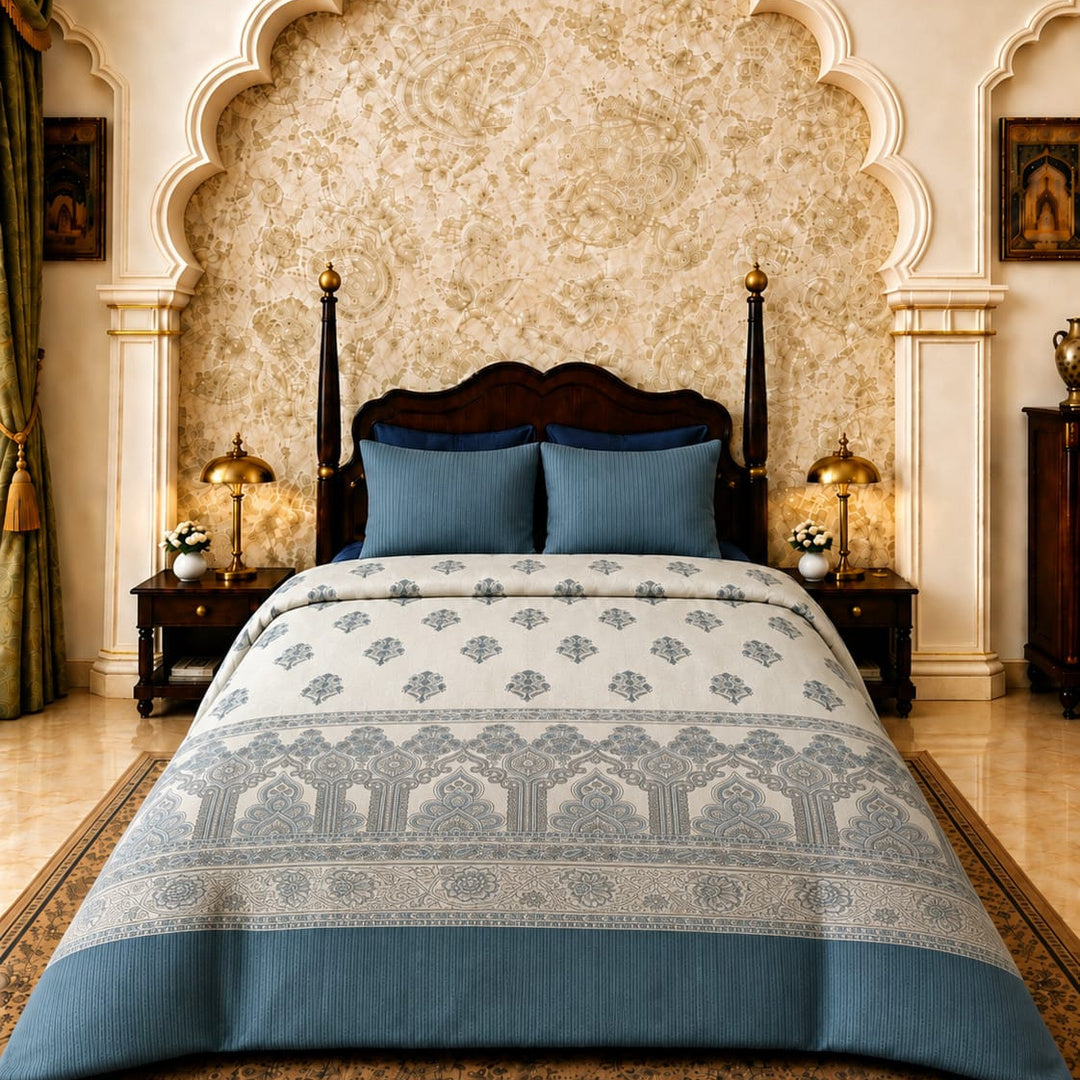 Artistry of India Premium Teal Blue & White Printed Pure Cotton King Size Bedsheet Set