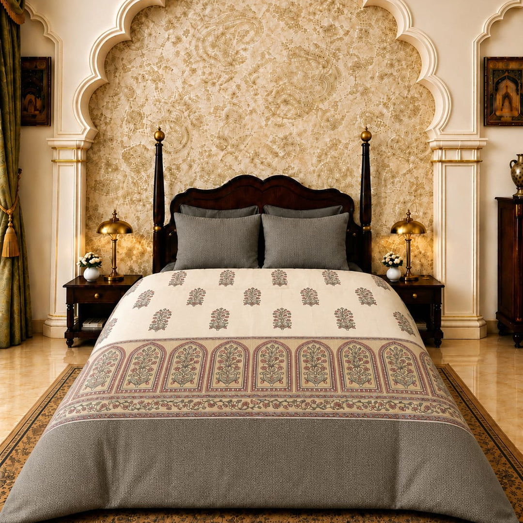 Artistry of India Premium Taupe & Multicolor Printed Pure Cotton King Size Bedsheet Set