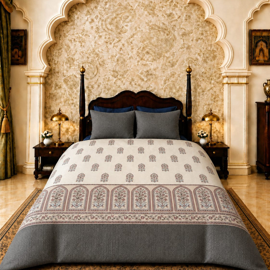 Artistry of India Premium Taupe & Multicolor Floral Printed Pure Cotton King Size Bedsheet Set