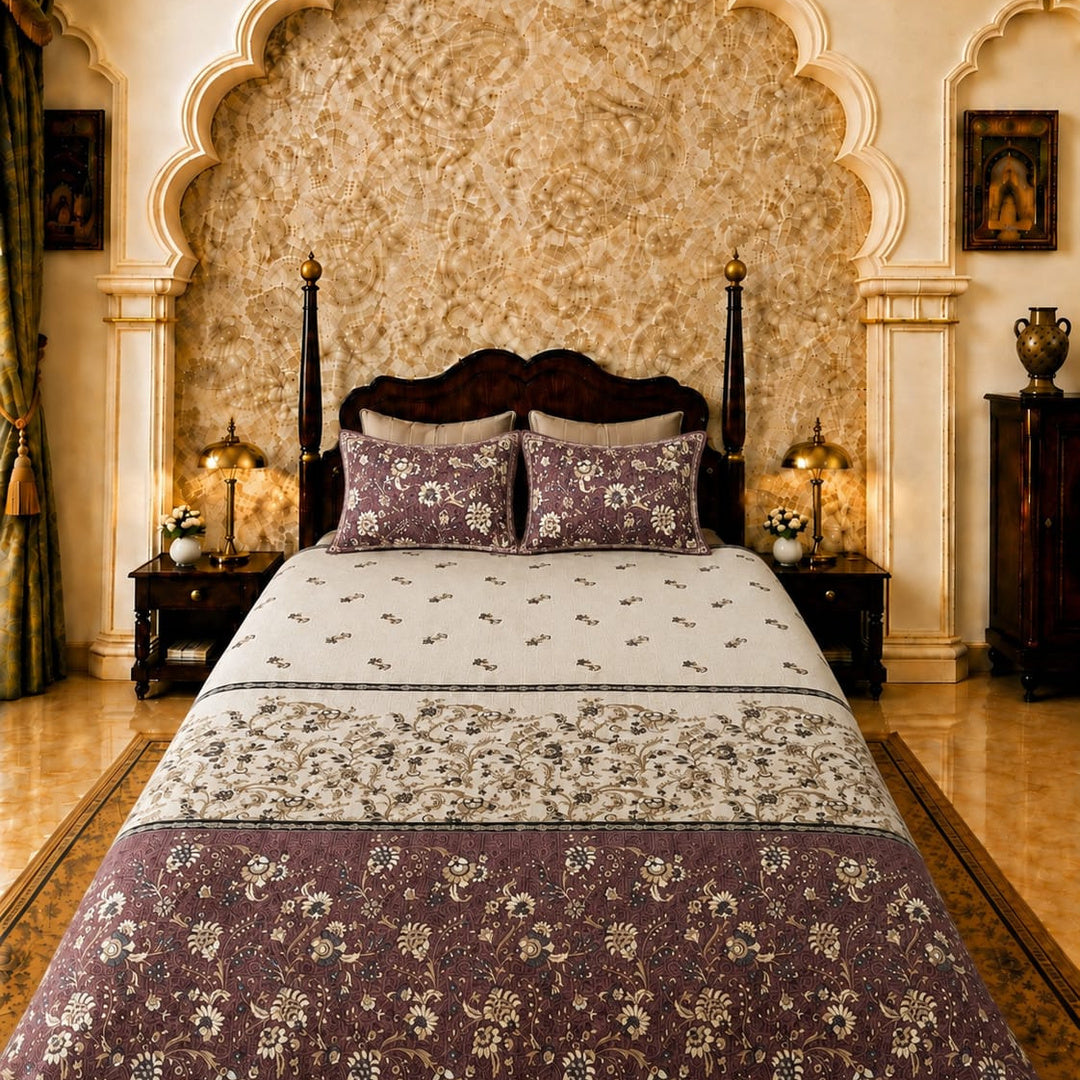 Artistry of India Premium Maroon & Ivory Floral Printed Pure Cotton King Size Bedsheet Set