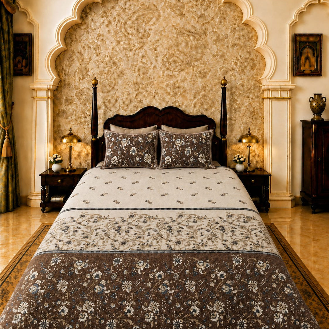 Artistry of India Premium Brown & Ivory Floral Printed Pure Cotton King Size Bedsheet Set