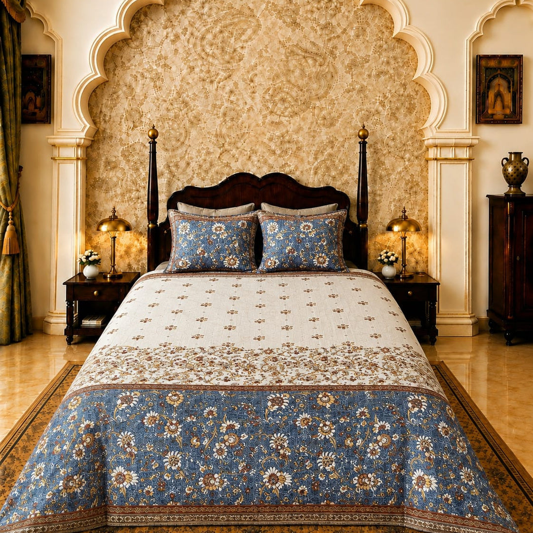 Artistry of India Premium Slate Blue & Ivory Floral Printed Pure Cotton King Size Bedsheet Set