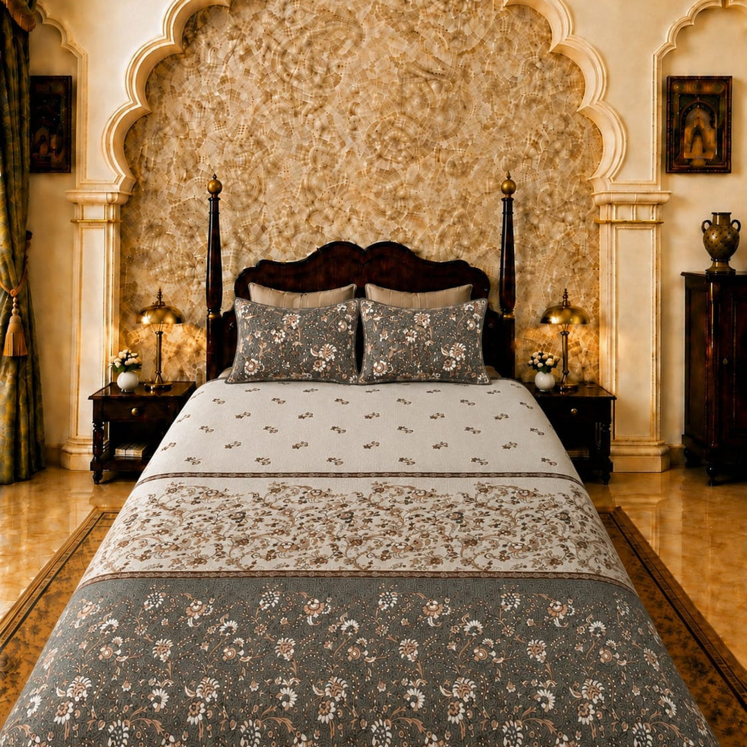 Artistry of India Premium Charcoal Grey & Ivory Floral Printed Pure Cotton King Size Bedsheet Set