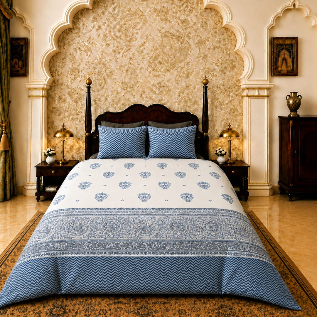 Artistry of India Premium Slate Blue & Ivory Floral Printed Pure Cotton King Size Bedsheet Set