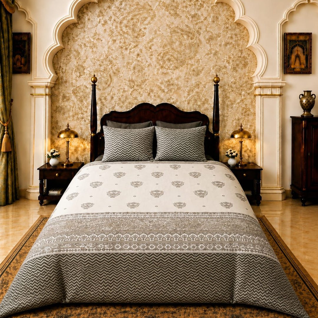Artistry of India Premium Charcoal Grey & Ivory Floral Printed Pure Cotton King Size Bedsheet Set