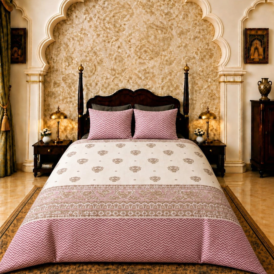 Artistry of India Premium Dusty Rose & Ivory Floral Printed Pure Cotton King Size Bedsheet Set