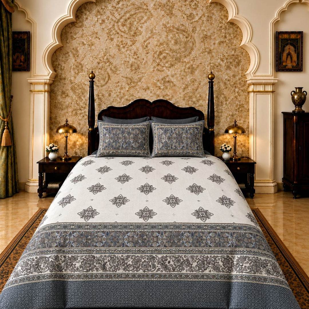 Artistry of India Premium Charcoal Grey & Ivory Floral Printed Pure Cotton King Size Bedsheet Set