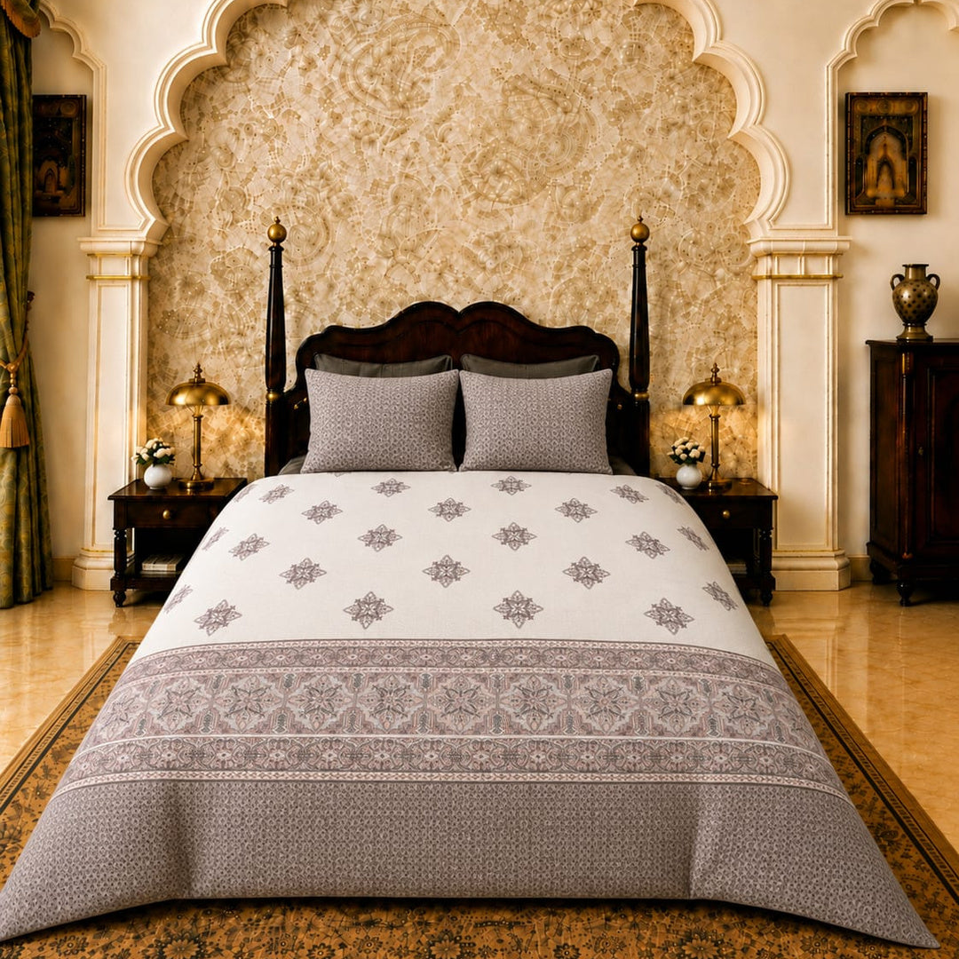 Artistry of India Premium Taupe & Ivory Floral Printed Pure Cotton King Size Bedsheet Set