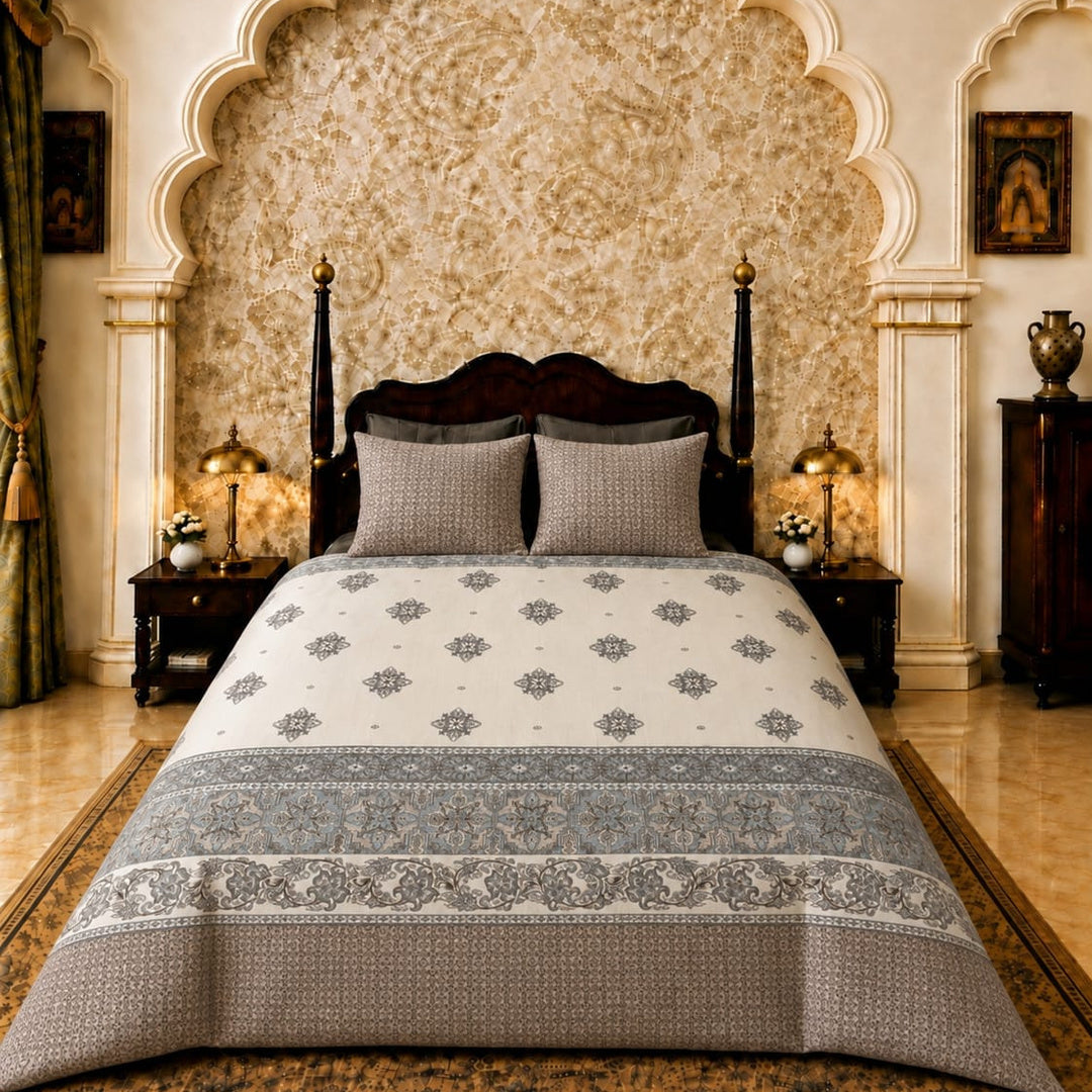 Artistry of India Premium Taupe & Ivory Floral Printed Pure Cotton King Size Bedsheet Set