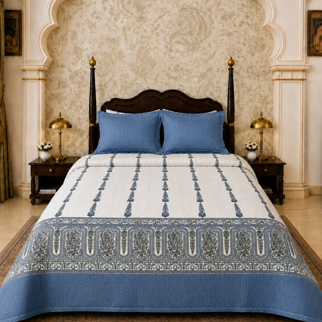 Artistry of India Premium Slate Blue & Ivory Floral Printed Pure Cotton King Size Bedsheet Set