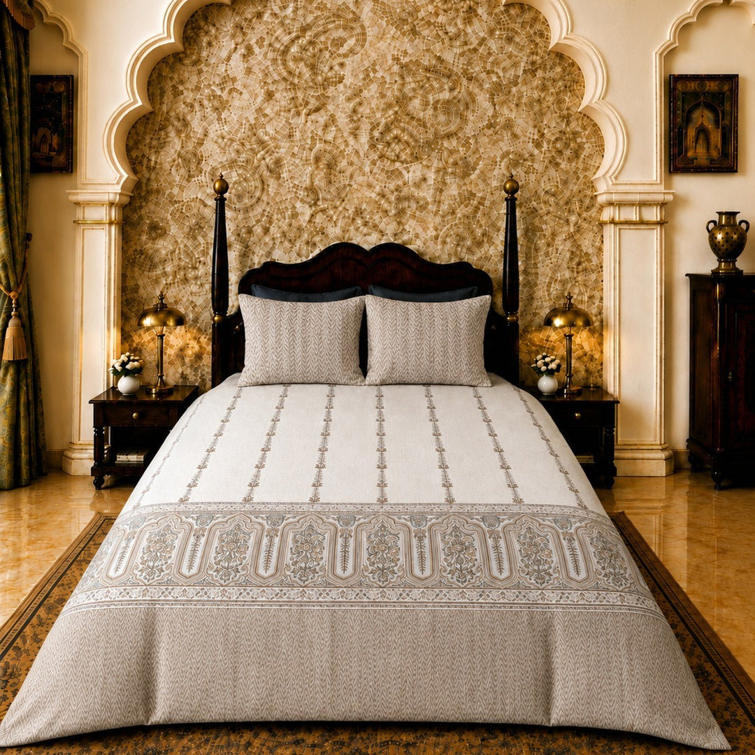 Artistry of India Premium Beige & Ivory Floral Printed Pure Cotton King Size Bedsheet Set