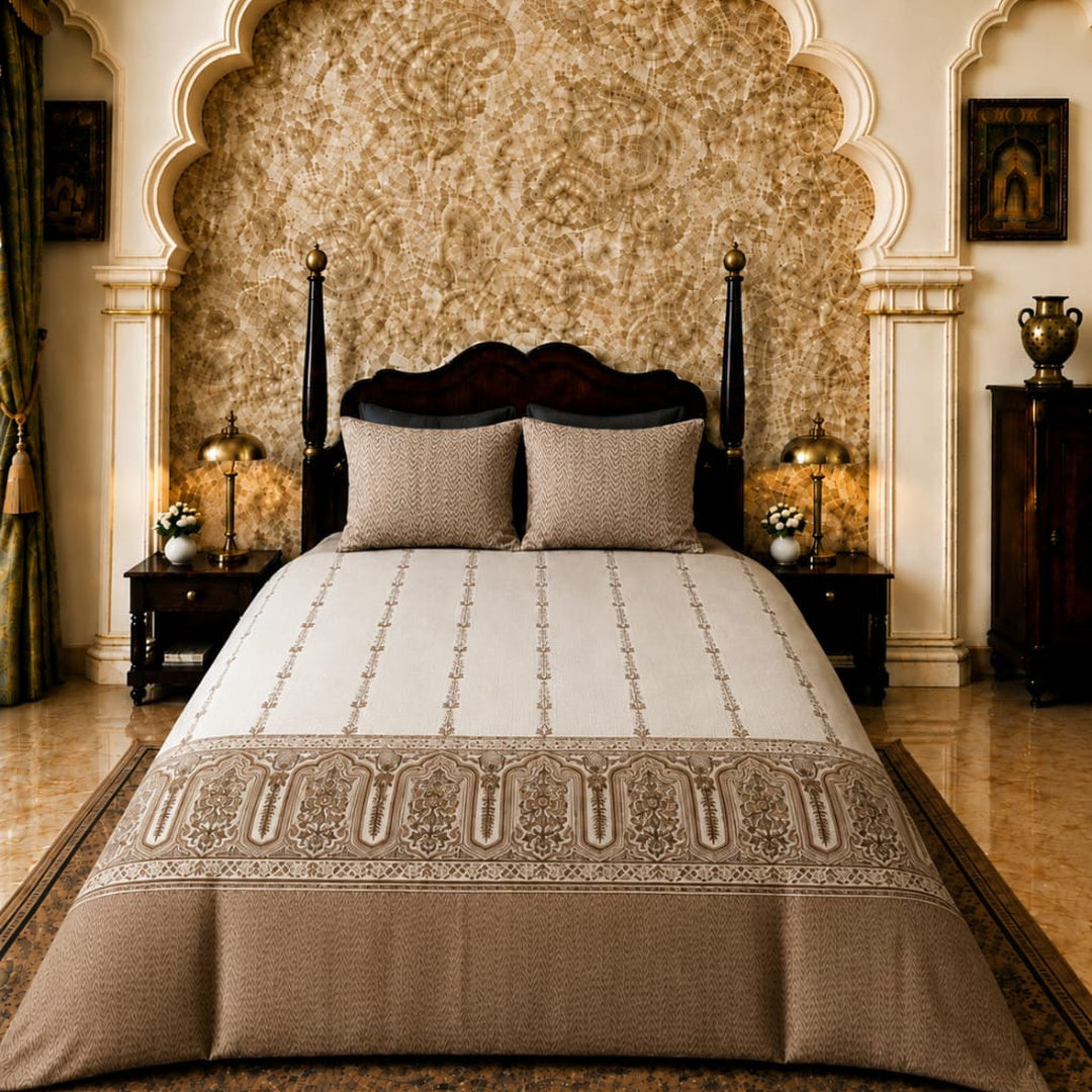 Artistry of India Premium Beige & Ivory Floral Printed Pure Cotton King Size Bedsheet Set