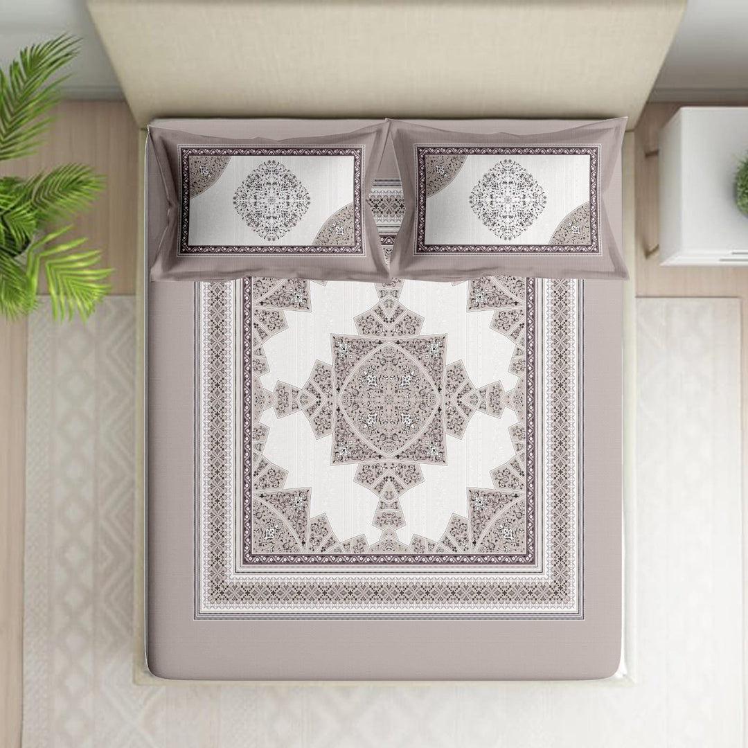 Shades of India Premium Taupe & Ivory Traditional Printed Pure Cotton King Size Bedsheet Set